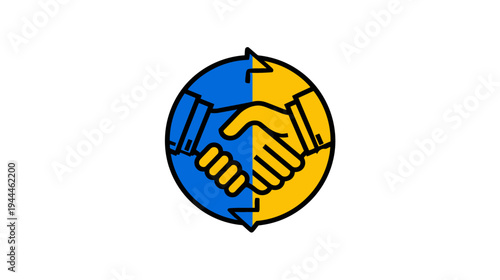 Handshake agreement icon with circular arrows, symbolizing partnership, cooperation, and mutual exchange in a split blue and yellow circle.