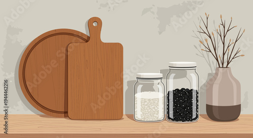 Kitchen Countertop with Wooden Boards, Spice Jars, and Minimalist Decor
