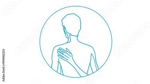 Blue Line Art Icon: Person Touching Shoulder or Upper Back, Indicating Pain, Discomfort, Self-Care, or Muscle Relief