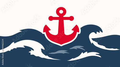Stylized Nautical Flag with Red Anchor over Dark Blue Ocean Waves and Fish, Marine Sailing Vector Illustration
