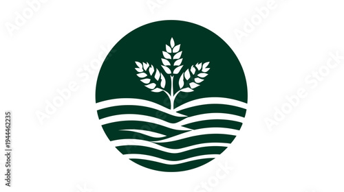 Stylized green grain plant growing from wavy lines in a circular icon on white background, representing agriculture and nature.