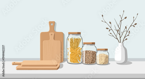 Kitchen Countertop with Pantry Jars and Wooden Chopping Boards, Minimal Style