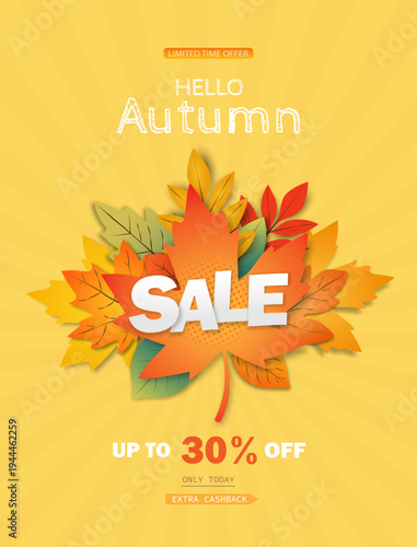 Design layout of the autumn sale with discounts. The concept of the Hello Autumn banner. Autumn leaves with the word discount on a beige background. Vector illustration.