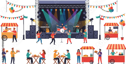 Outdoor Music Festival Concert Scene Collection with Live Band Stage, Dancing Crowd, Food Stalls, and Street Fair Celebration Vector Set