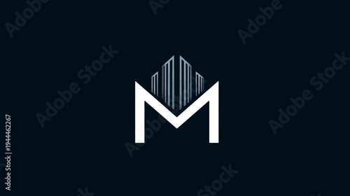 Modern abstract letter M logo design with stylized skyscrapers. Urban architecture concept for city development, real estate, and business.
