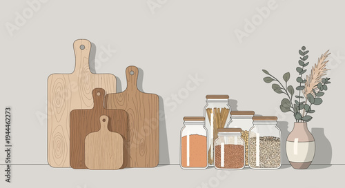 Kitchen Organization: Wooden Cutting Boards, Glass Jars, and Vase