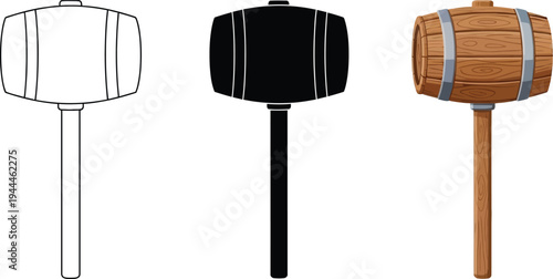 Set of gavels in various styles including outline silhouette and wooden texture perfect for legal auction or decision-making concepts