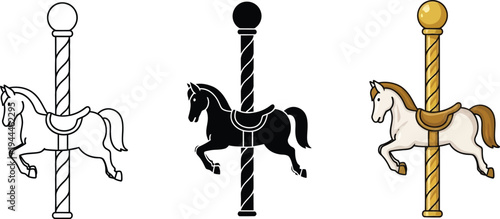 Collection of classic carousel horses featuring outline solid and colored vector illustrations ideal for fairground and vintage design projects
