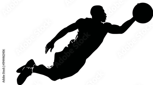 Dynamic silhouette of a male basketball player jumping in mid-air, reaching for a ball, symbolizing athletic action and competition.
