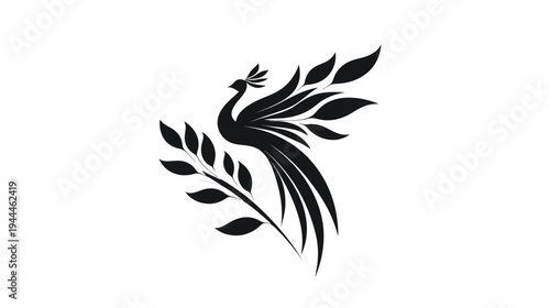 Abstract elegant black bird silhouette with graceful tail feathers and a stylized leafy branch design on white