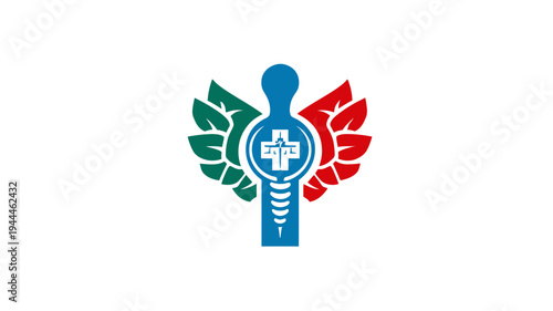 Holistic health and wellness concept with stylized medical cross, human spine, and natural leaf wings. Modern alternative therapy symbol.