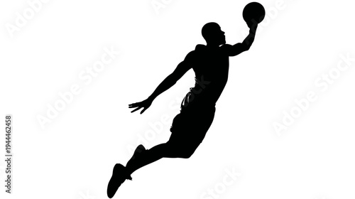 Dynamic silhouette of a male basketball player jumping with a ball, isolated on a white background.