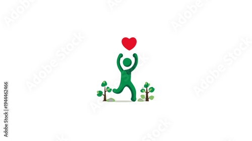 Joyful green human figure holding a red heart, symbolizing love, care, nature, healthy living, and environmental well-being with trees.