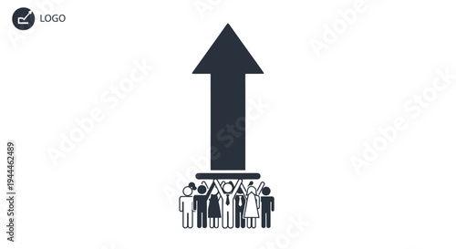 Business people standing under arrow.