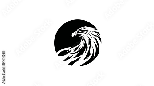 Stylized black and white eagle head illustration with feathers in a circular design, powerful bird of prey graphic.
