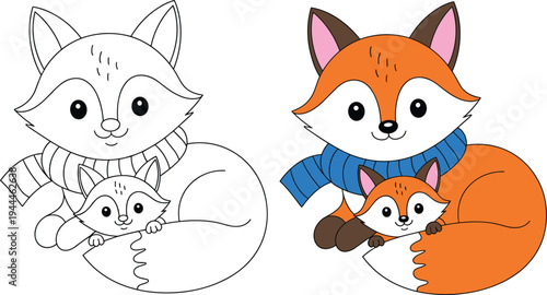 Cute mother and baby fox cartoon with scarf, coloring page and colored version vector set.