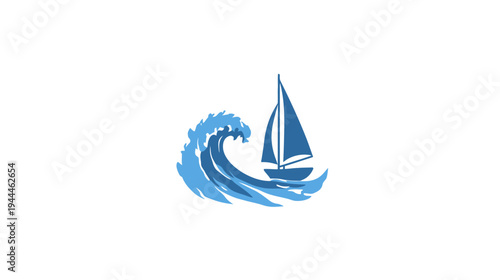 Stylized Blue Sailboat Sailing on a Dynamic Ocean Wave Illustration Graphic Element for Nautical and Marine Themes