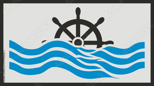 Nautical ship's wheel vector illustration with blue ocean waves. Marine helm graphic on grey background, sea adventure concept.