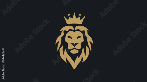 Golden majestic lion head with a crown on a dark background, symbolizing royalty, strength, power, and elegance.
