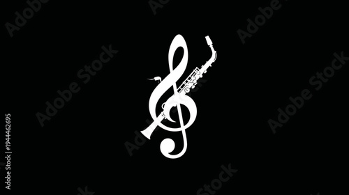 Creative White Treble Clef and Saxophone Music Symbol Design on Black Background
