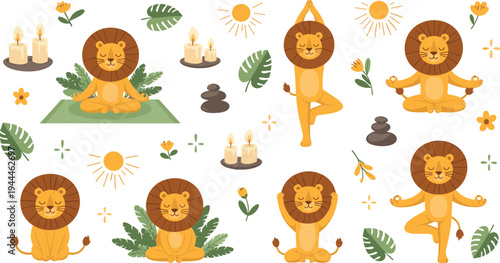 Cute Lion Practicing Yoga and Meditation Poses with Nature Elements, Cartoon Animal Wellness, Relaxation and Mindfulness Activity Vector Illustration Set