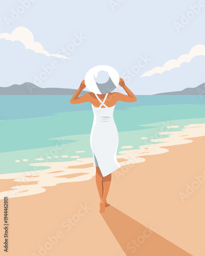 Beach Walk. Vector illustration of a woman or girl on vacation strolling along the beach in a hat. Sand, waves, sea. Ideal for projects related to travel, tourism, recreation, health, summer design