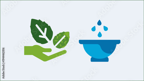 Eco-friendly natural resources icon. Green hand holding leaves and blue water drops falling into a bowl, symbolizing sustainability and conservation.