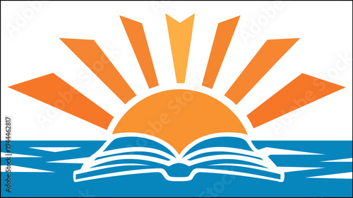 Stylized Sunrise Over Open Book and Water Symbolizing Education, Knowledge, Learning, Wisdom, and New Beginnings