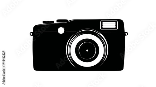 Minimalist black digital camera icon silhouette on a white background. Simple photography symbol, graphic design element illustration.