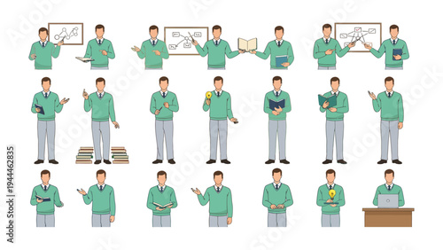 Teacher Presentation Set: A series of illustrations capturing a teacher in various poses, from presenting information with a pointer and holding books.