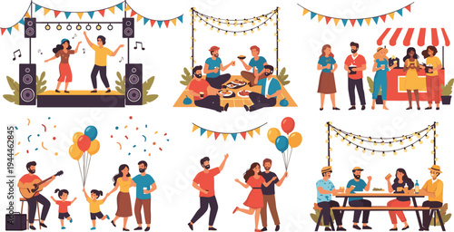 Festival Party Celebration Scene Collection with Dancing People, Live Music, Picnic Gathering, Balloons, and Outdoor Social Event Illustration Vector Set