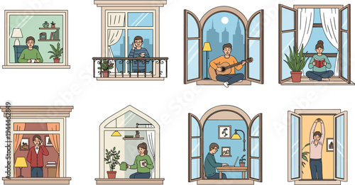 People at Home Window Scene Collection with Neighbors, Working, Reading, Playing Music, and Daily Life Apartment Lifestyle Illustration Vector Set