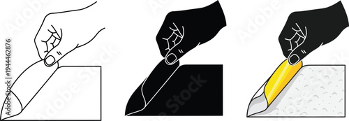 Set of illustrations depicting a hand using a utility knife to cut material shown in outline silhouette and color for safety instructions or DIY guides