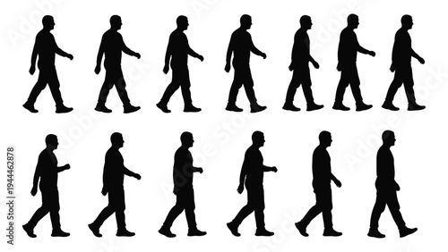 A series of silhouette illustrations depicting a person walking in various positions, showcasing different stages of movement and gait in a simple yet effective visual representation