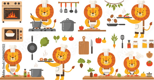 Cute Lion Chef Characters Cooking Food in Kitchen with Pots, Pans and Vegetables, Cartoon Animal Cooking Process and Culinary Activities Vector Illustration Set