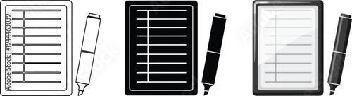Set of document and pen icons in various styles including outline solid and glossy vector designs ideal for office education and productivity applications