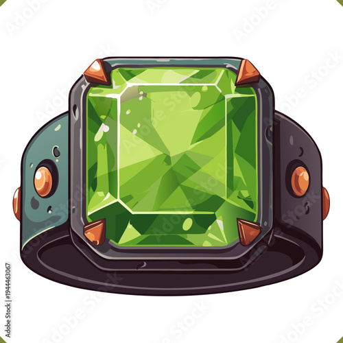 Vector illustration of an art deco ring with large green gemstone in ornate metal setting, isolated on white background
