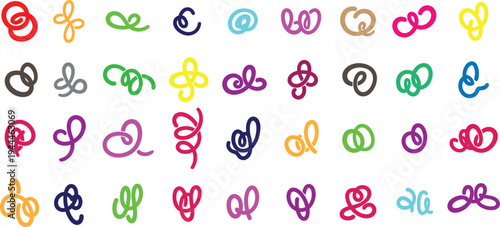 A collection of colorful swirly decorative symbols in various colors and styles