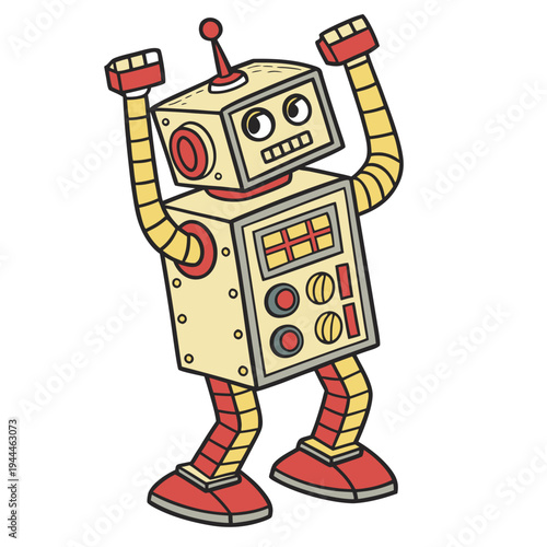 A yellow robot with red accents and a cheerful expression