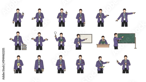 Professor Character Set: Vector illustrations of a professor in various poses, teaching with a blackboard and engaging with the audience, set against background.
