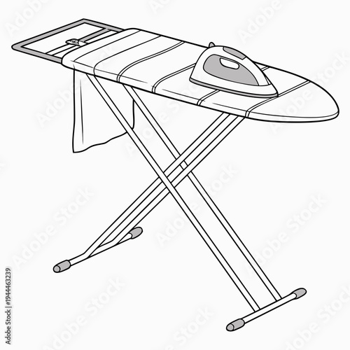 A black and white illustration of an ironing board with iron