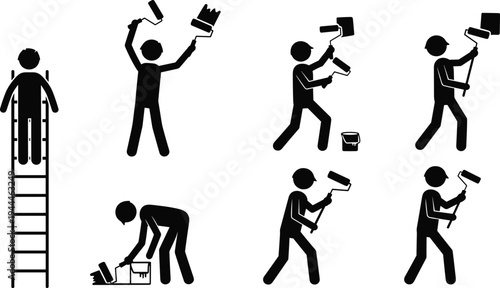 House painter silhouette set featuring stick figures using paint rollers brushes ladders and buckets for home renovation and wall decoration