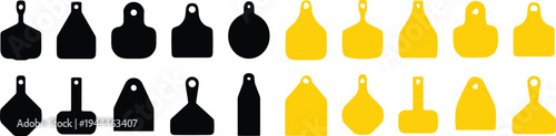 livestock ear tag icons set, farm animal identification tag silhouettes, cattle labeling equipment collection isolated on white background