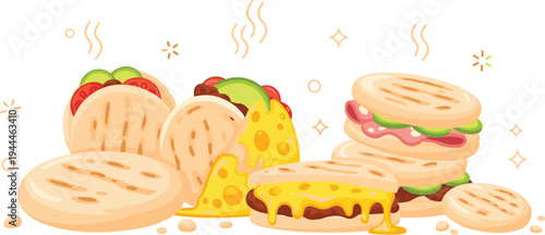 Grilled sandwich and melted cheese panini with vegetables toasted bread delicious fast food cartoon flat vector illustration composition