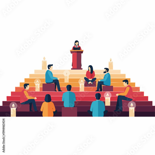 Diverse Group Engaged in a Town Hall Meeting on a Tiered Stage.