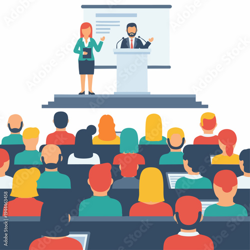 Business presentation with speaker and audience in a conference hall.