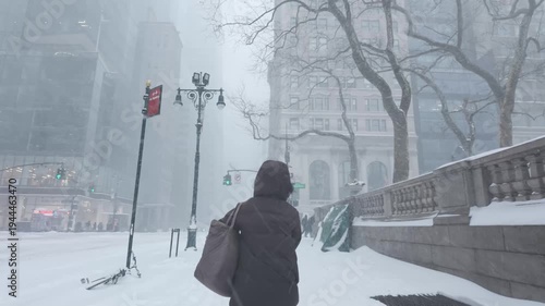winter scene, heavy snowfall, New York city streets covered with snow. Houses, people and roads in winter. Blizzard, snowstorm and big snowflakes falling. Cold weather, poor visibility