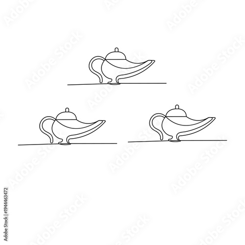 Continuous line drawing of a magic genie lamp on a white background
