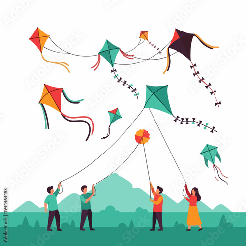 Group of happy people flying colorful kites outdoors.