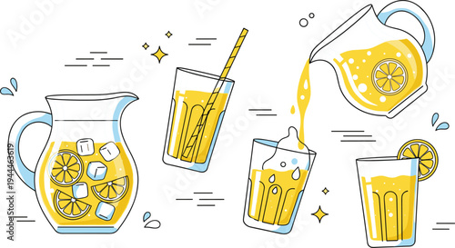 Hand drawn fresh lemonade drinks with lemon slices ice cubes pitcher and glasses refreshing summer citrus beverage vector illustration set